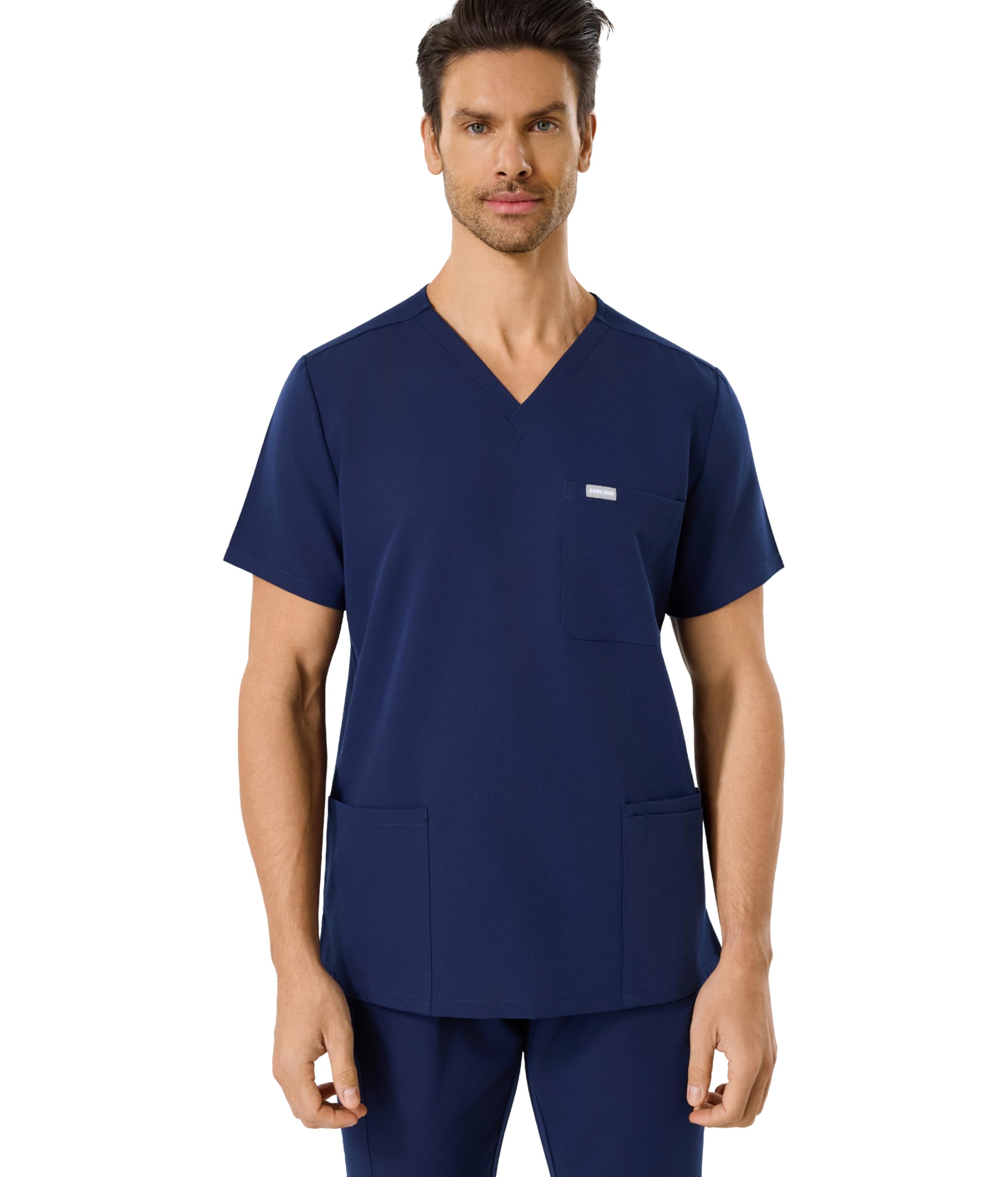 SUNCHIRI Mens Scrub Top with 4 Pockets, Modern V-Neck Scrubs Top, 4-Way Stretch, Soft, Durable, Breathable, Moisture-Wicking
